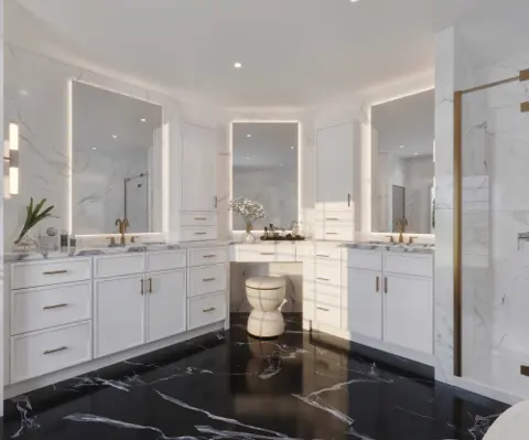 Bathroom with white double vanity cabinets, marble walls and a black marble floor