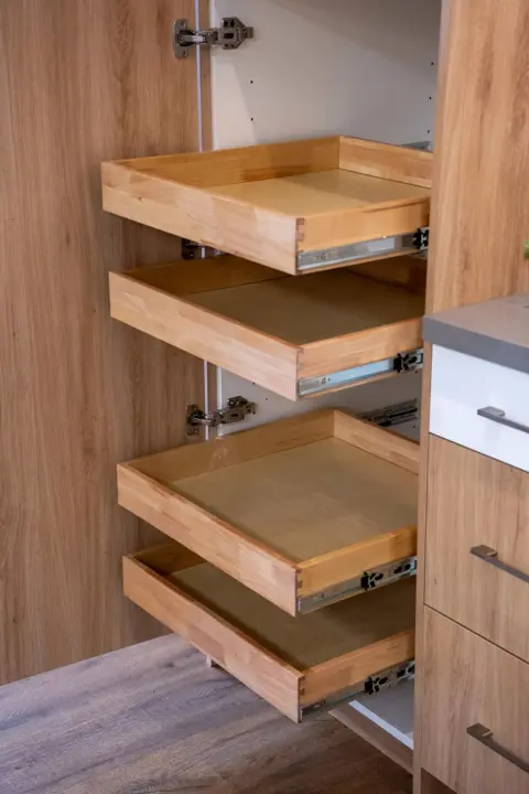 Wood pull-out storage trays cabinet inspiration