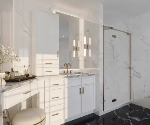 White marble bath with gold accents cabinet inspiration