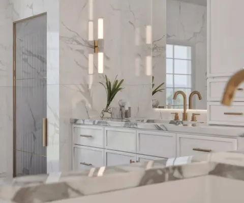 White marble bath with gold hardware cabinet inspiration
