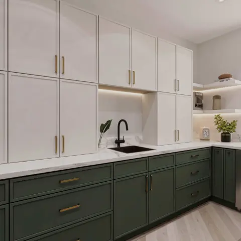 White and deep green kitchen cabinet inspiration