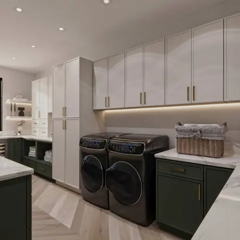 Deep green and white laundry cabinet inspiration