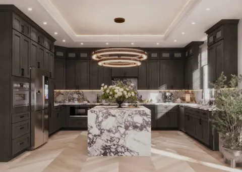 Dark wood kitchen with stone island cabinet inspiration