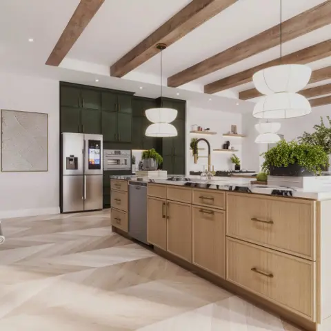 Wood island and green cabinetry cabinet inspiration