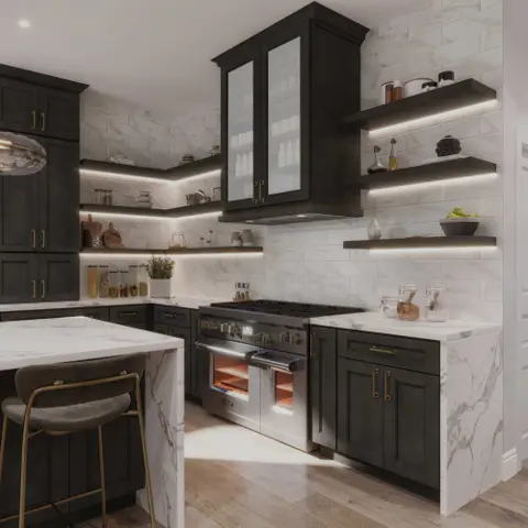 Dark kitchen cabinetry with glass uppers cabinet inspiration