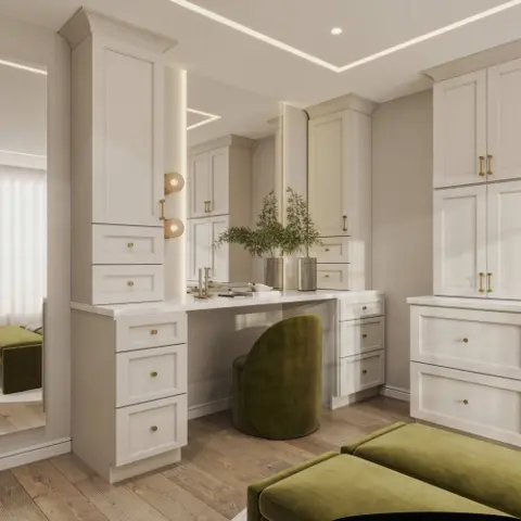 White built-ins with green bench cabinet inspiration
