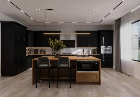 Wide black modern kitchen cabinet inspiration