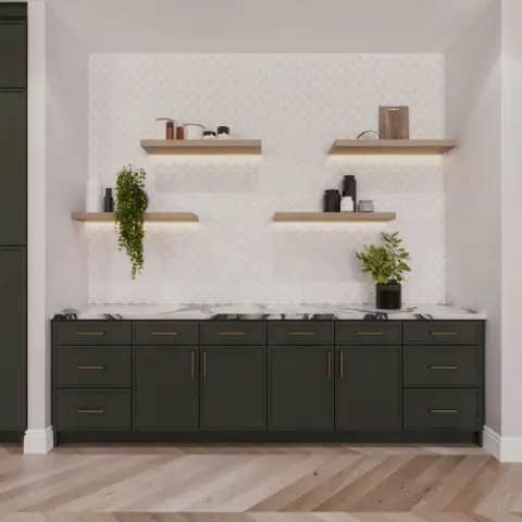 Green sideboard against white brick cabinet inspiration
