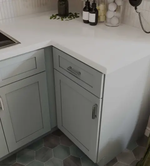 Pale gray-green shaker corner cabinet inspiration