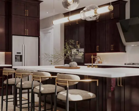Kitchen with warm dark wood cabinets, a white-topped island and bar stools