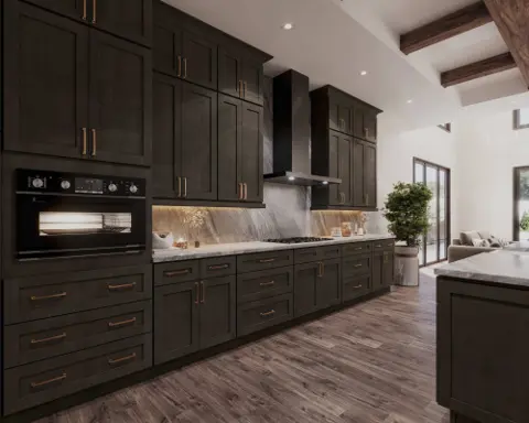 Long kitchen wall of dark wood cabinets with a built-in oven and range hood