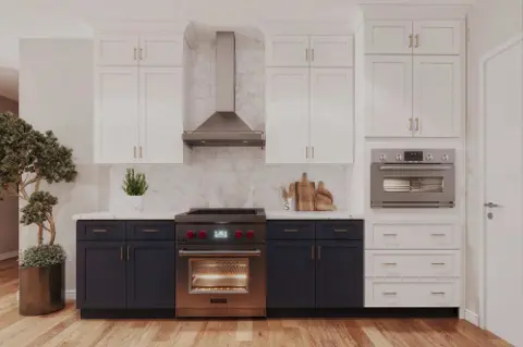 Range wall with white upper and tall cabinets and dark blue base cabinets